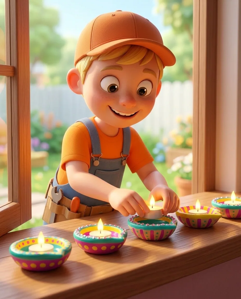 Captain A places a small lit battery tea light into the central hollow of each finished, decorated diya.