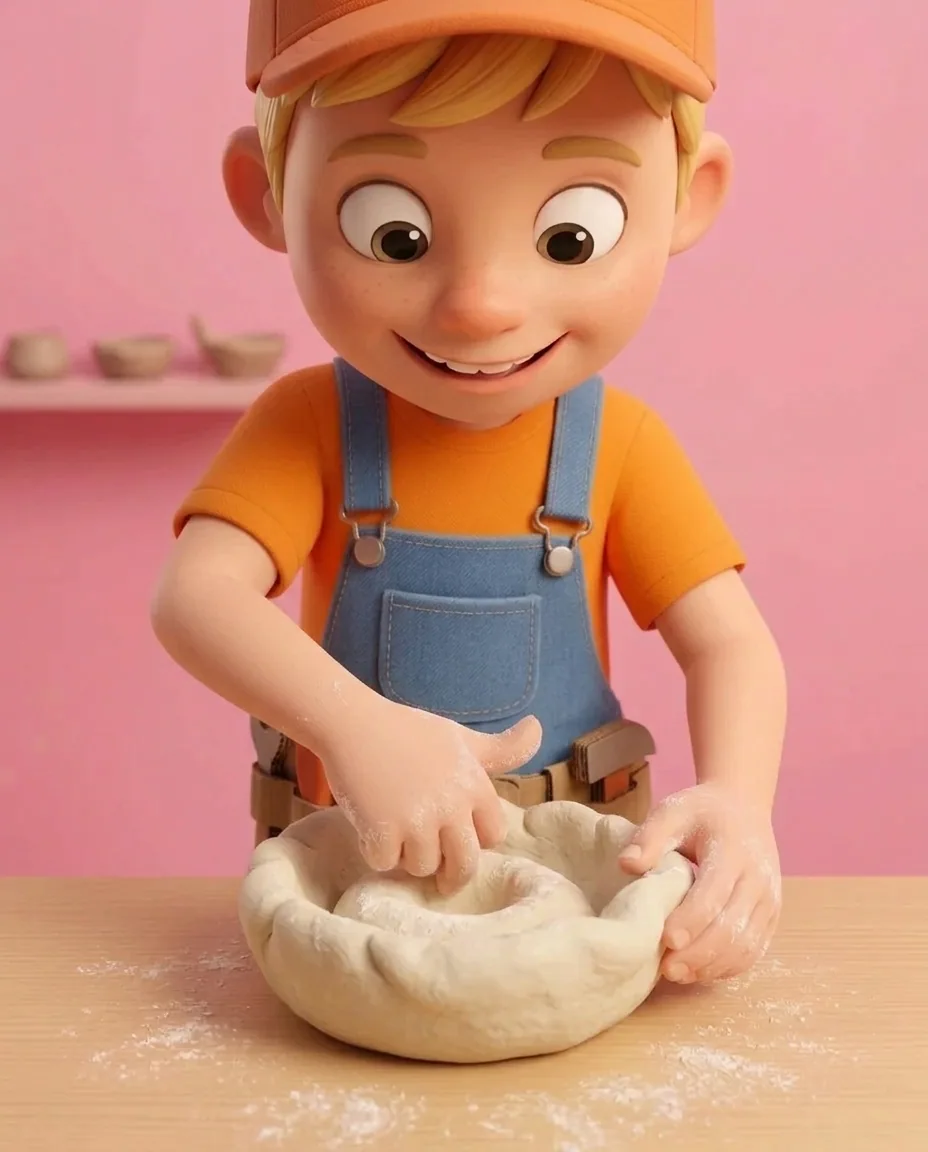 Captain A presses a thumb directly into the center of the dough ball to create a deep central well.