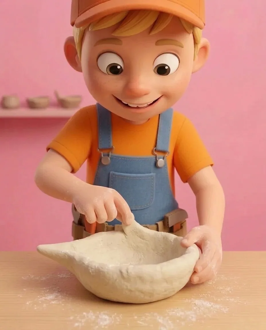 Captain A uses a thumb and index finger to gently pinch one side of the shallow dough bowl's upper rim, drawing it outward into a single tapered…