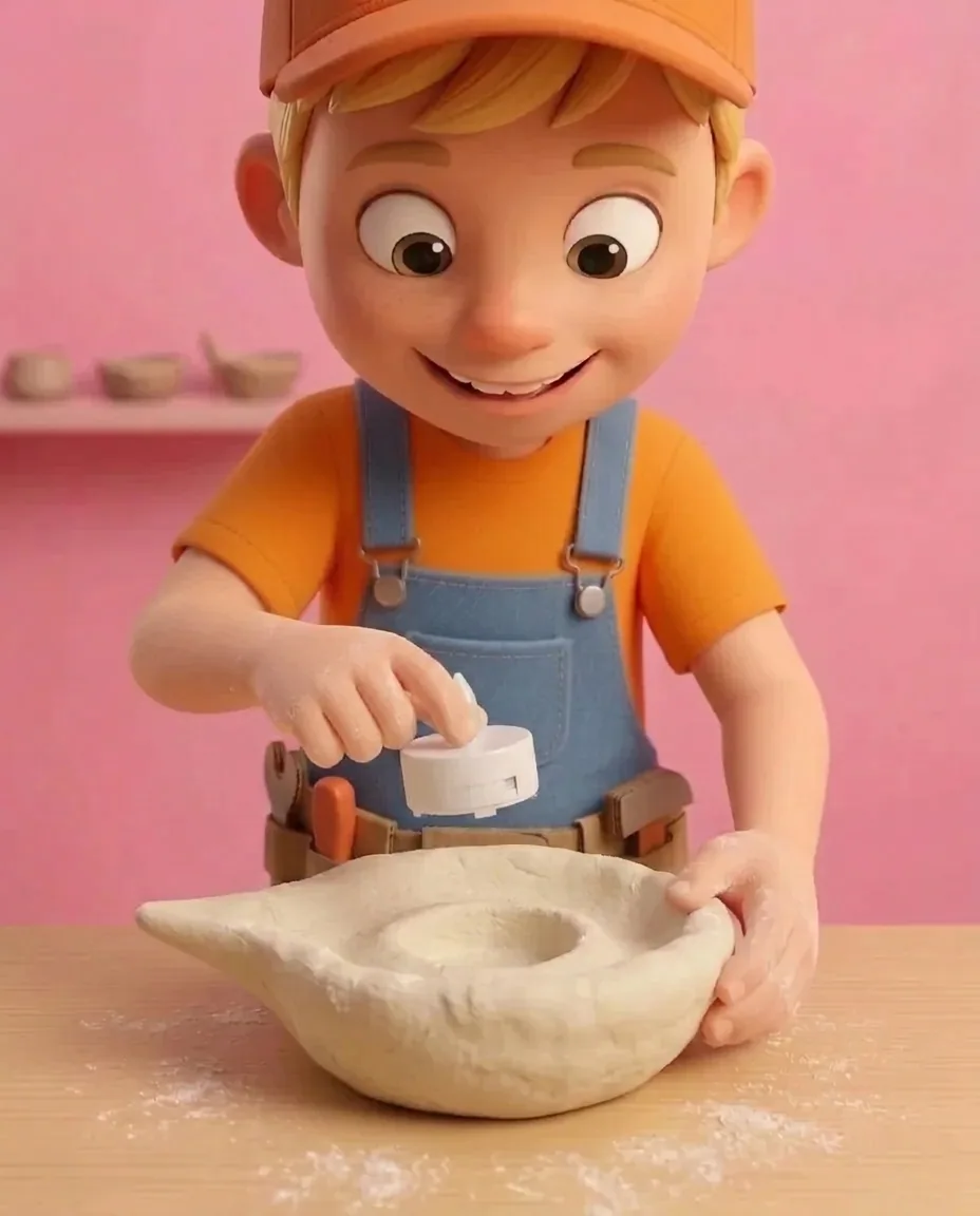 Captain A presses a round white battery tea light down into the well of the dough diya to verify its size.