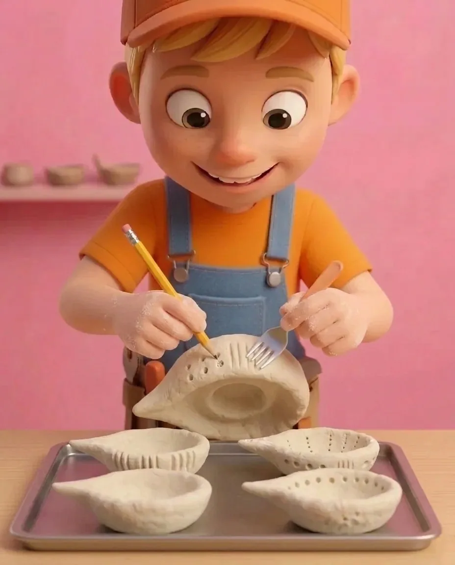 Captain A presses the tines of a fork and a pencil tip into the outer curved surface of the dough diya to form indented geometric patterns.
