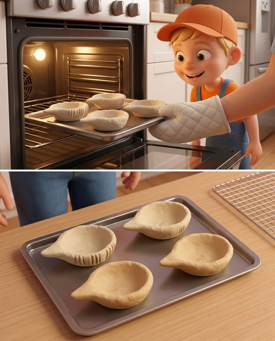 An adult slides the metal baking tray containing the raw dough diyas onto an oven rack inside an open oven.