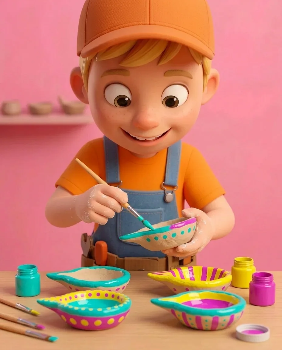 Captain A uses a small paintbrush to apply bright turquoise, yellow, and magenta paint across the outer walls and spouts of the hard, baked diyas.
