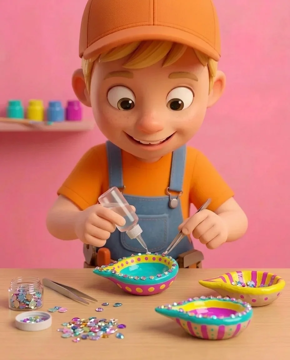 Captain A applies small dots of liquid craft glue along the top rim of each brightly painted diya and carefully presses tiny sparkling sequins and…