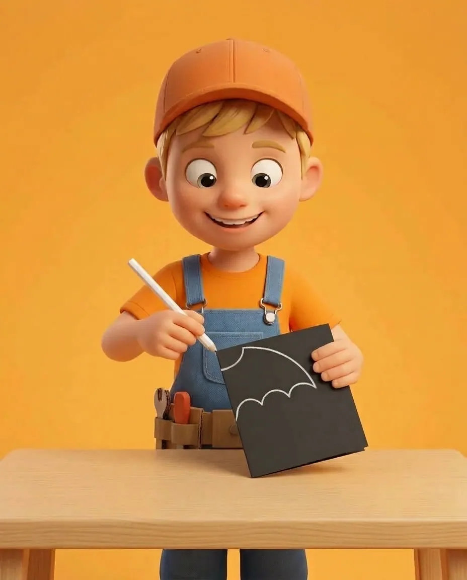 Captain A folds a piece of black cardstock in half and uses a white pencil to draw half of a scalloped bat wing shape directly against the folded…