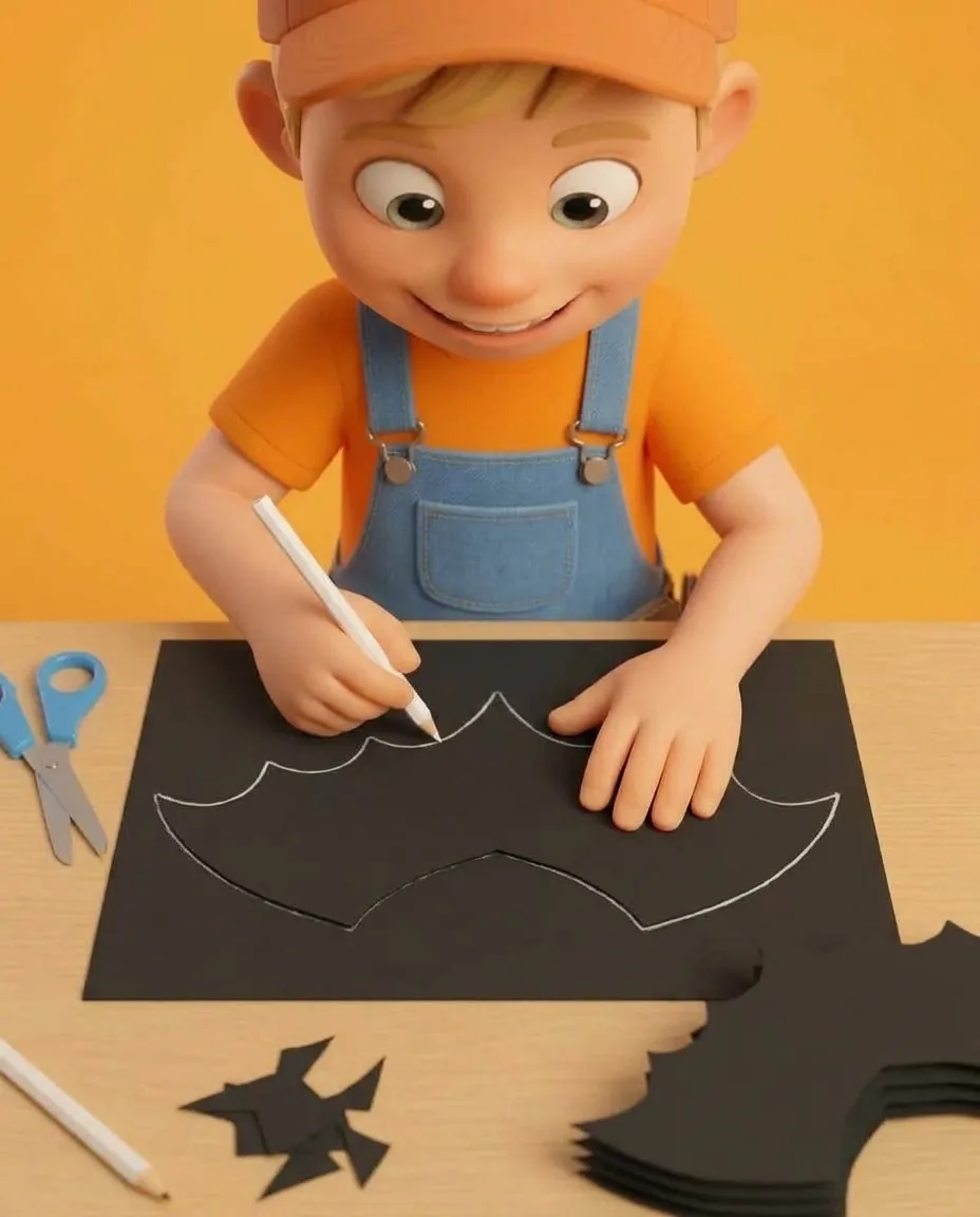 Captain A uses the first cutout wing set as a template, tracing around its edges with the white pencil onto additional black card and cutting out…