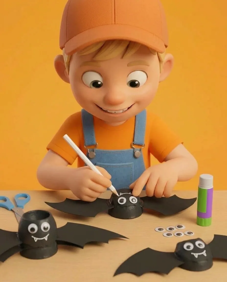Captain A presses two plastic googly eyes onto the front of each black egg-cup bat body.