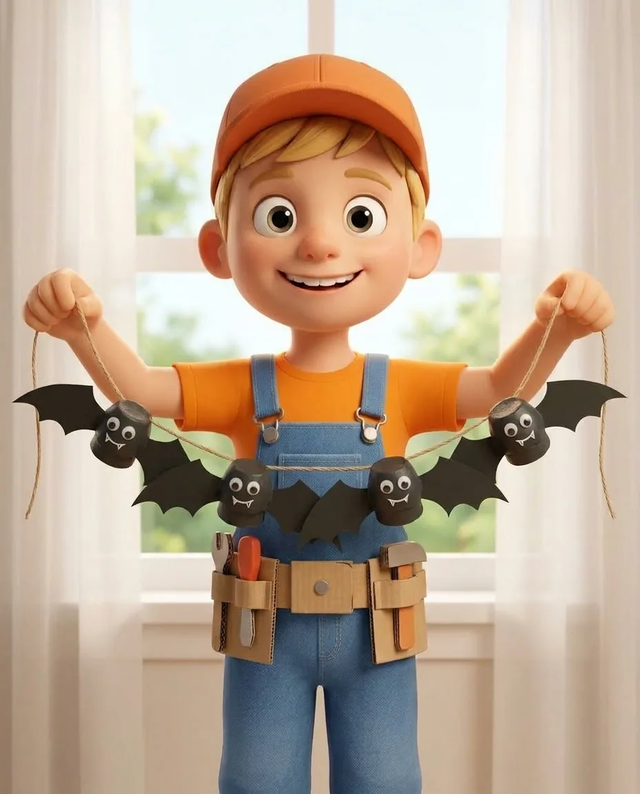 Captain A holds up the finished bat garland, displaying the row of black egg-box bats with googly eyes, white fangs, and scalloped wings dangling…