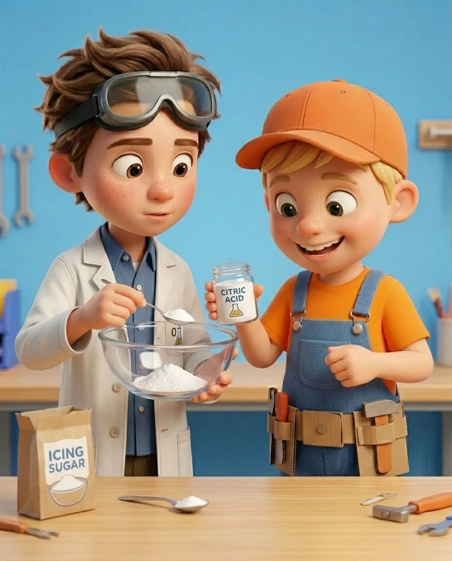 In the bright workshop room with a sky blue background wall at the smooth light wooden workbench, Captain A, a cheerful energetic 6-year-old boy…