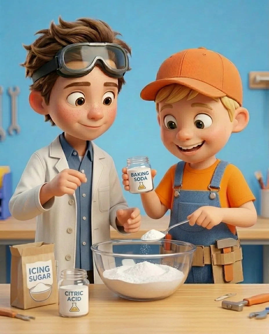In the bright workshop room with a sky blue background wall at the smooth light wooden workbench, Professor O, a friendly 9-year-old boy scientist…