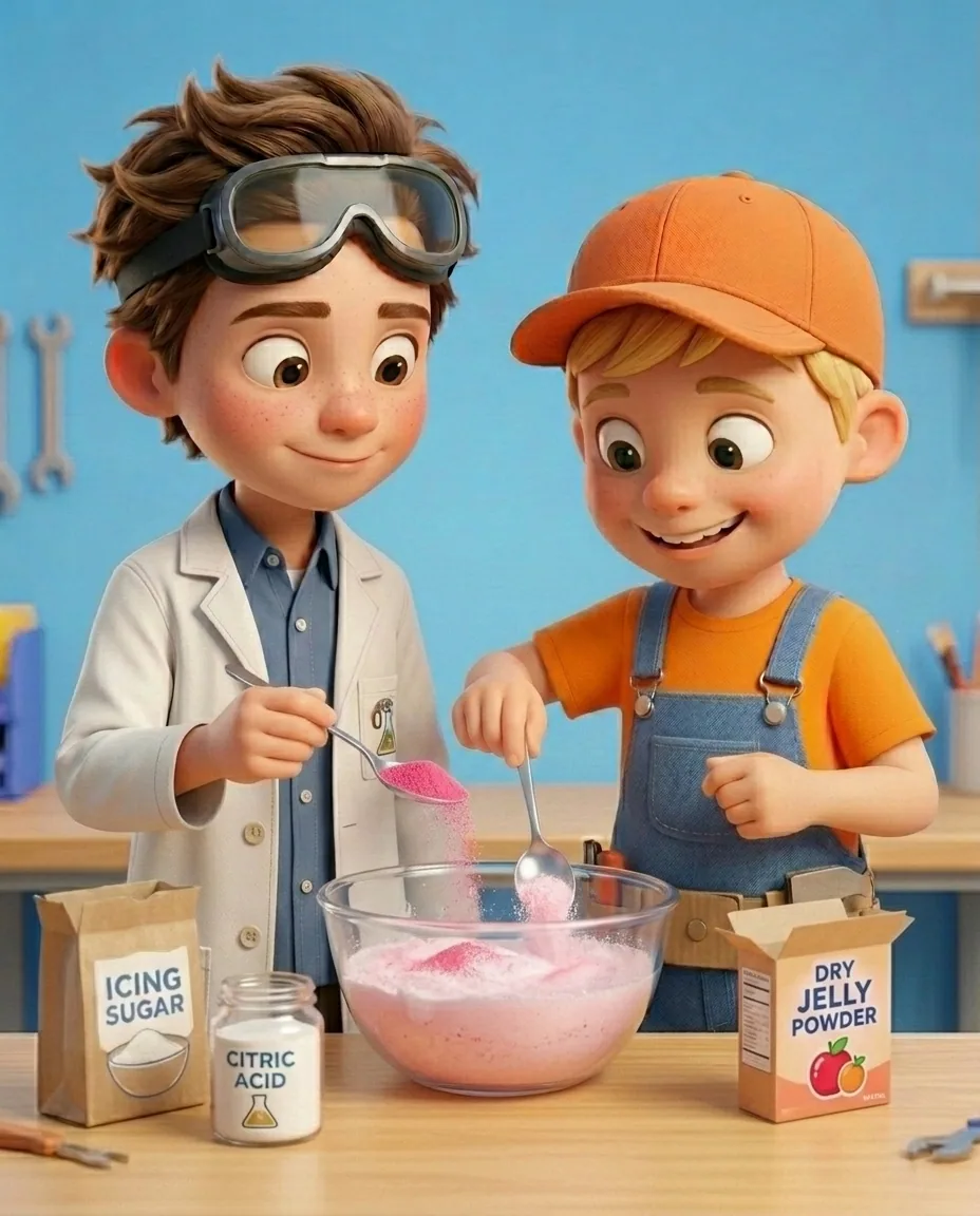 In the bright workshop room with a sky blue background wall at the smooth light wooden workbench, Professor O, a friendly 9-year-old boy scientist…