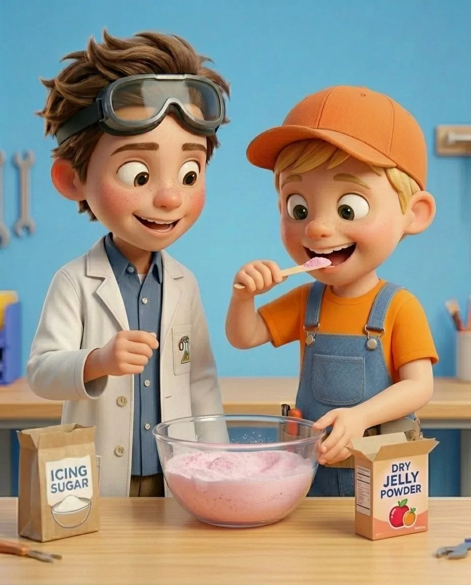 In the bright workshop room with a sky blue background wall at the smooth light wooden workbench, Captain A, a cheerful energetic 6-year-old boy…