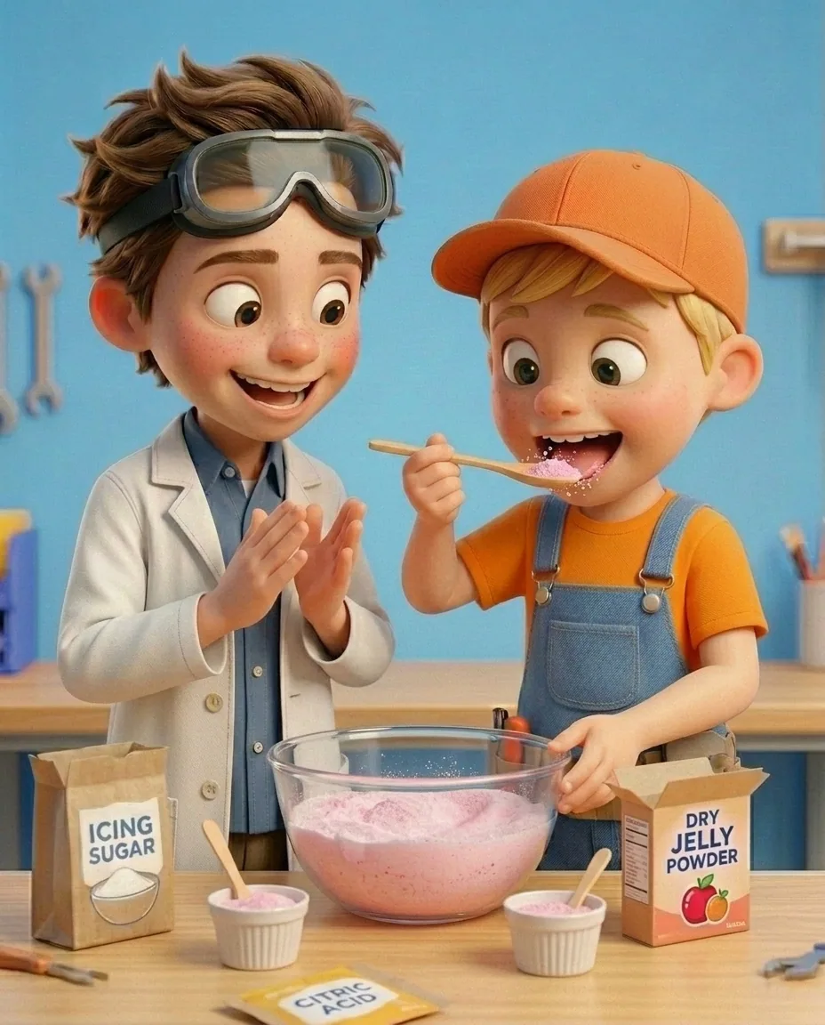 In the bright workshop room with a sky blue background wall at the smooth light wooden workbench, Captain A, a cheerful energetic 6-year-old boy…