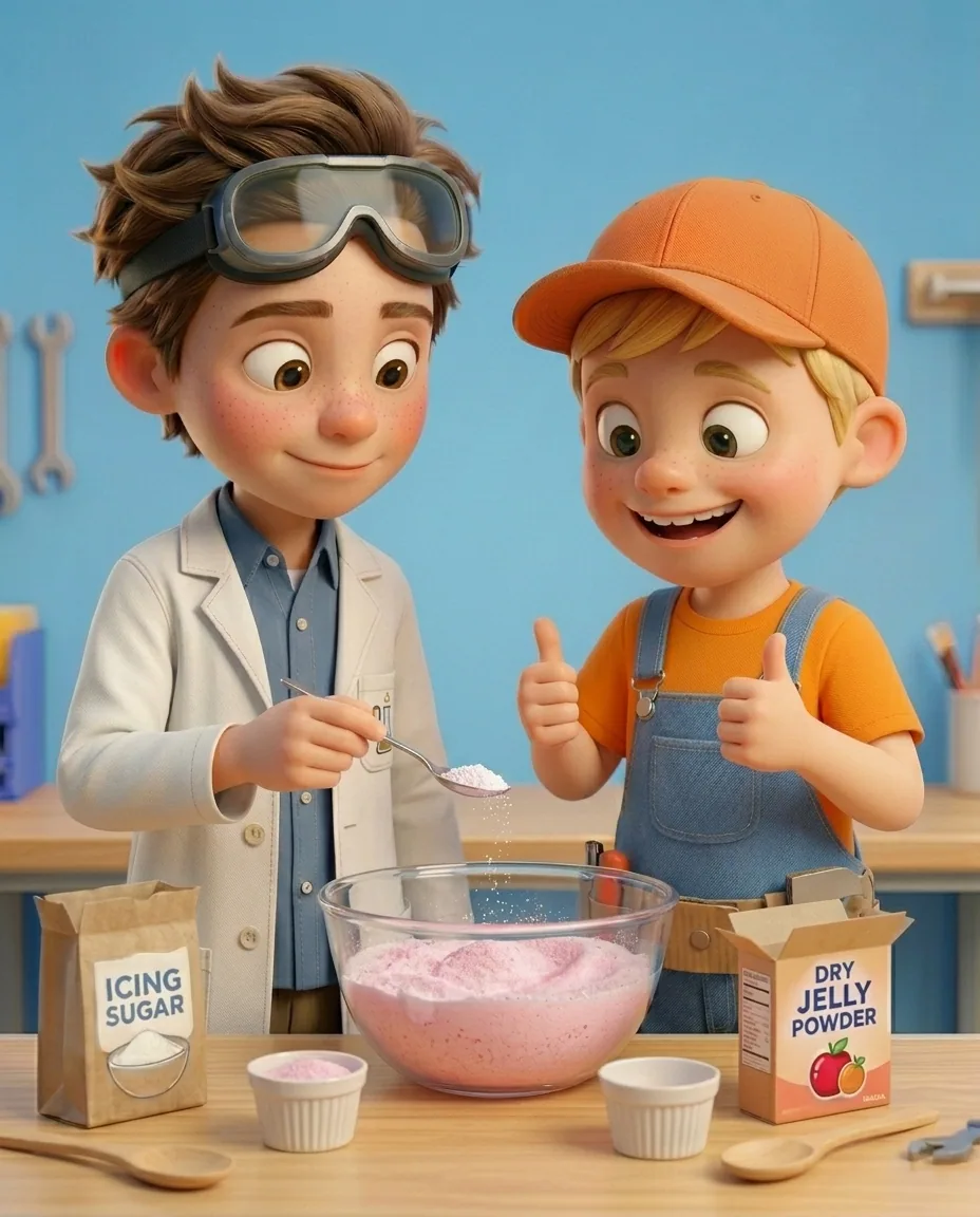 In the bright workshop room with a sky blue background wall at the smooth light wooden workbench, Professor O, a friendly 9-year-old boy scientist…