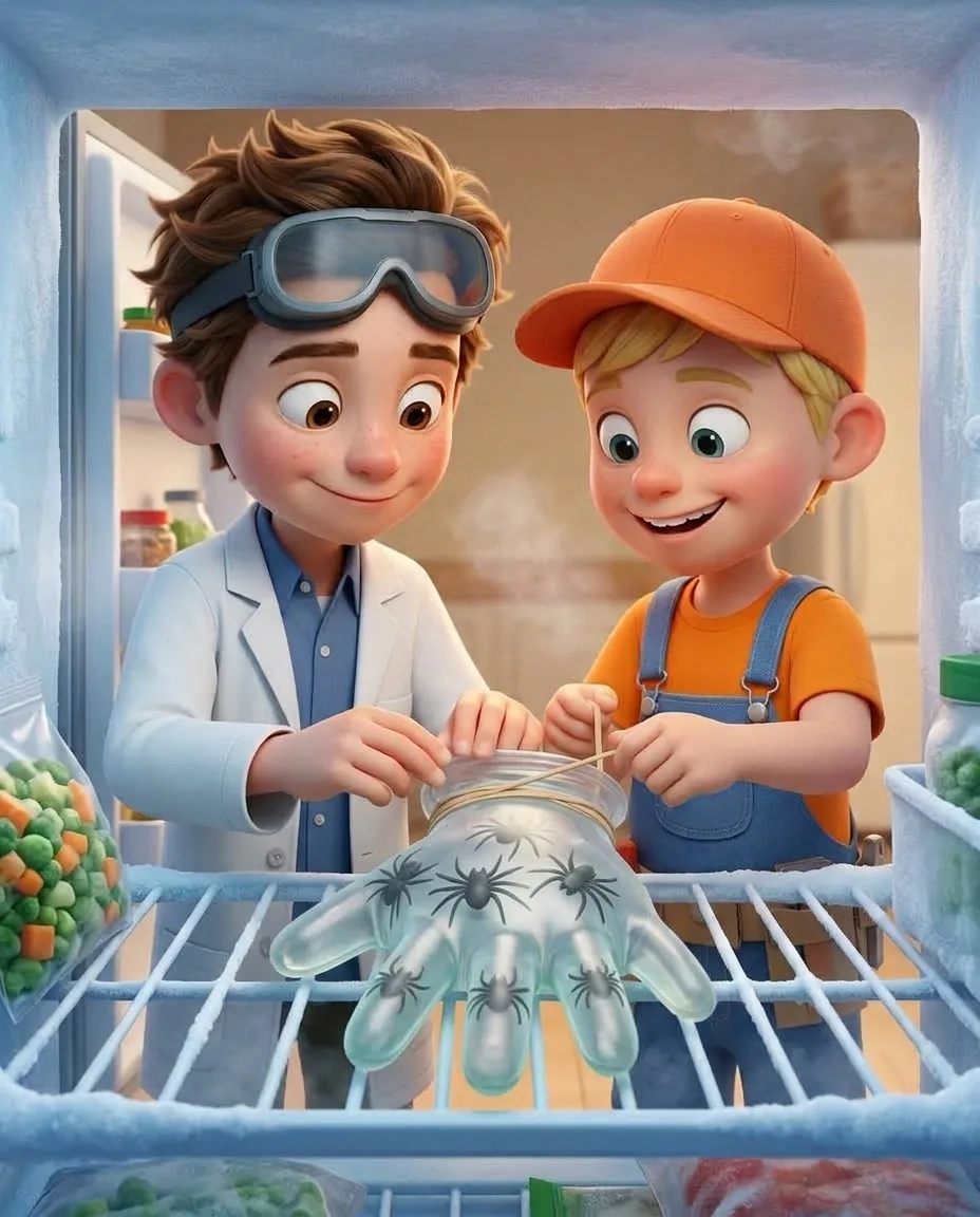 Professor O gently squeezes the excess air from the top of the filled green glove while Captain A wraps a thick elastic band tightly around the wrist…