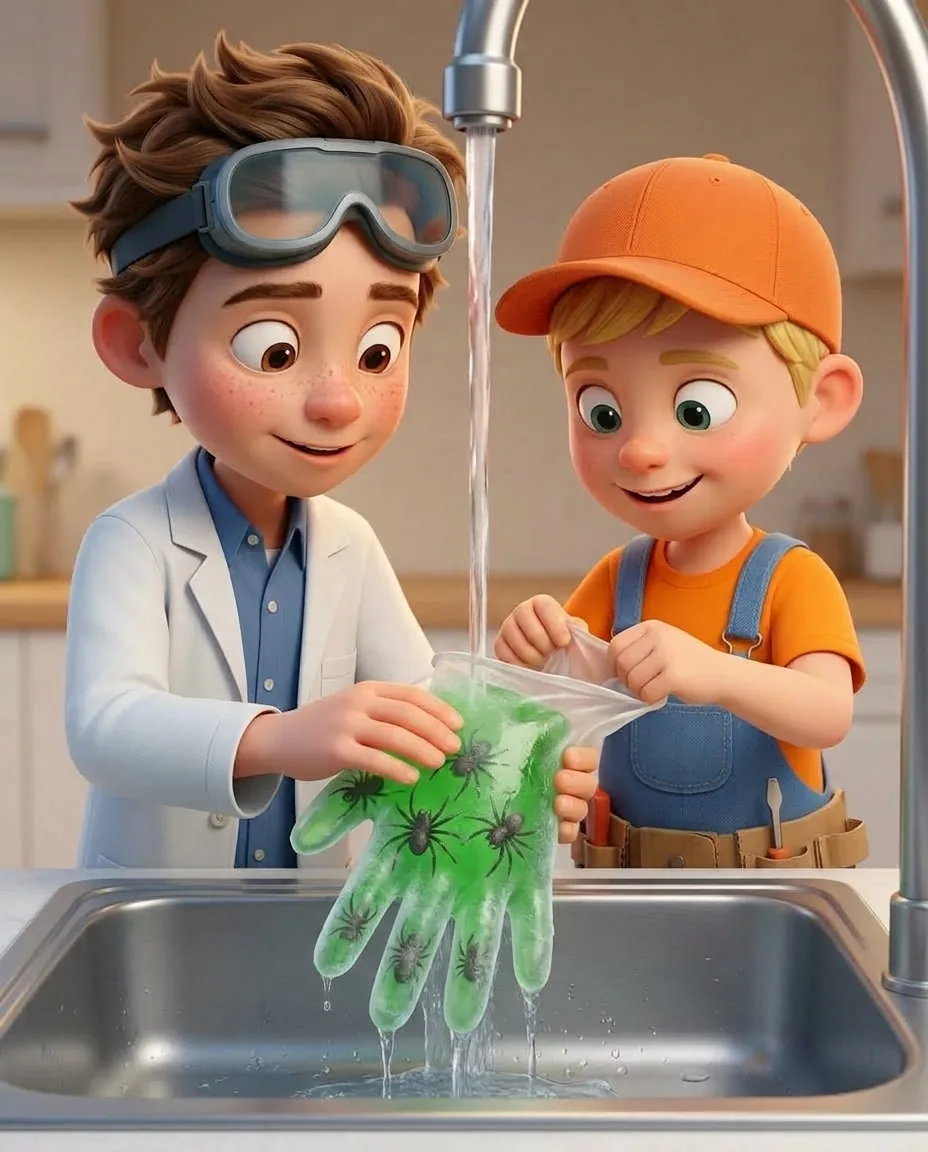 Under a gentle stream of cold water from the tap, Professor O holds the frozen green hand while Captain A carefully peels the rubber glove away from…