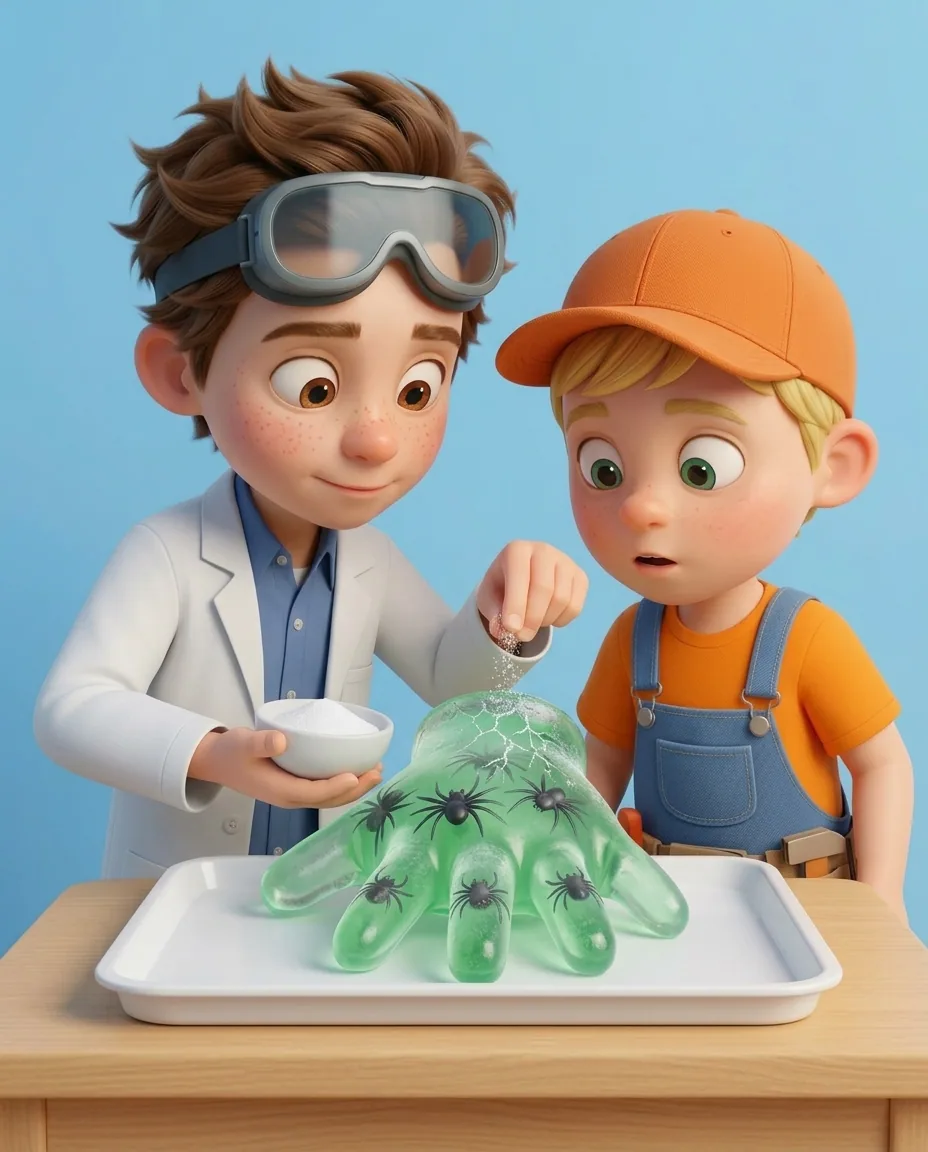 Professor O takes a pinch of white salt from a small bowl and sprinkles it over one finger of the green ice hand.