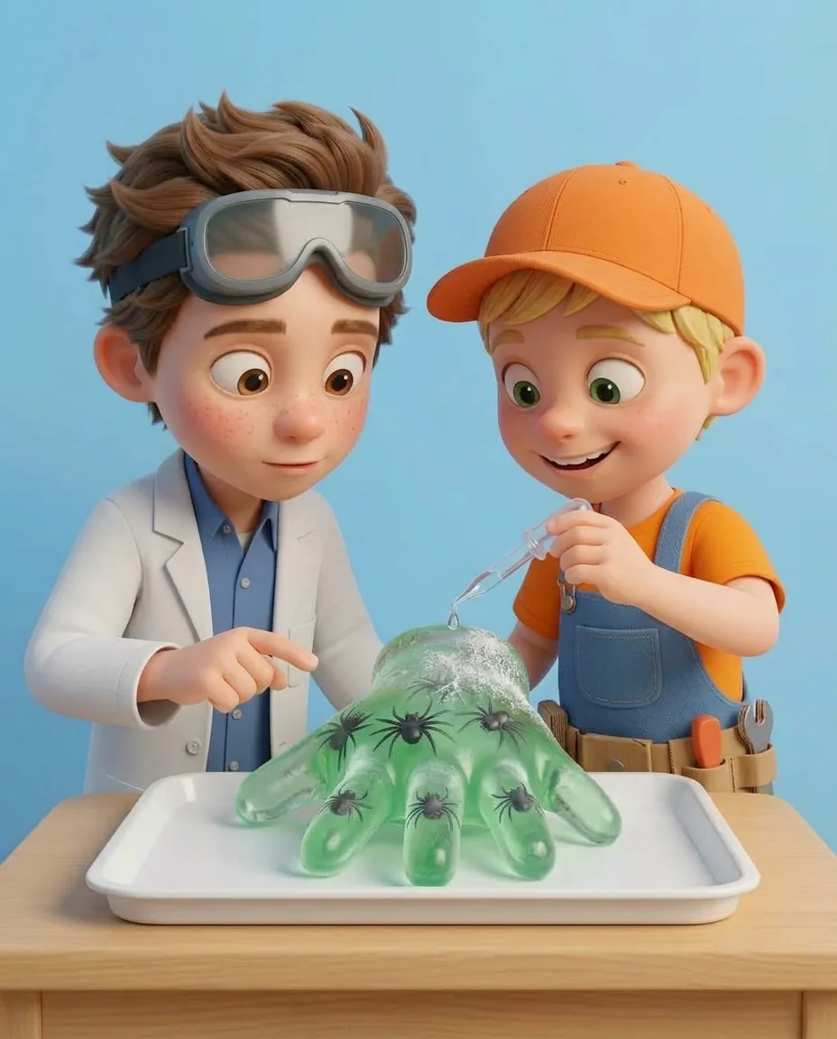 Captain A uses a plastic pipette to squeeze drops of warm water onto a different finger of the green ice hand.