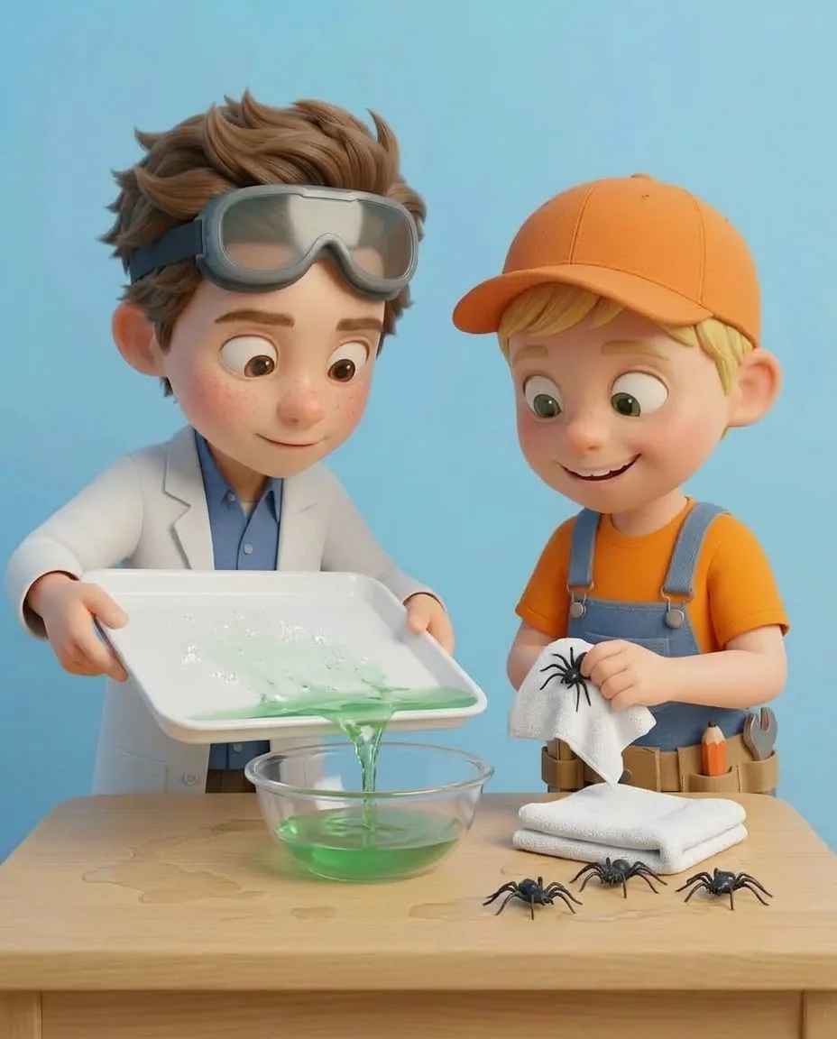 With all five black plastic spiders completely released from the melted ice, Professor O carefully tips the leftover green water off the tray into a…