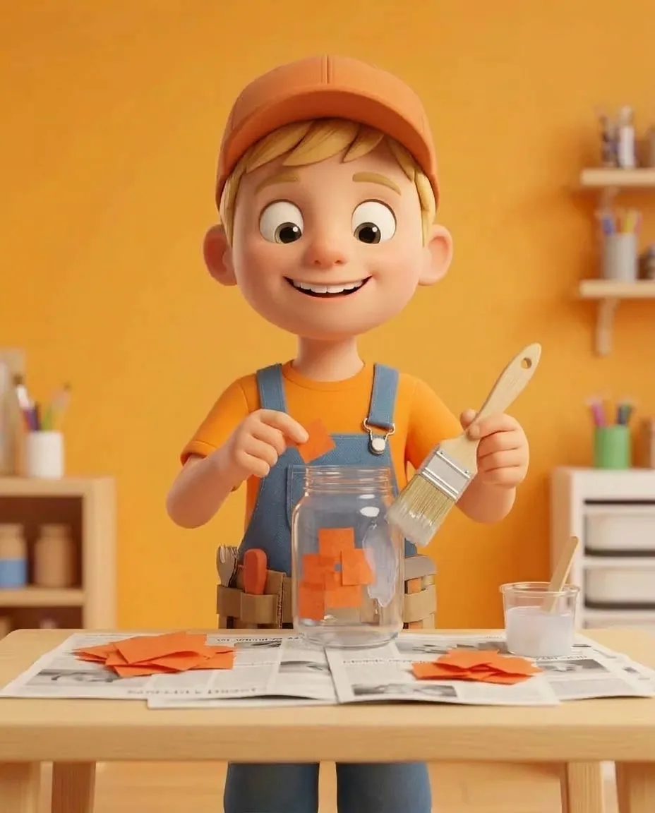 Captain A places small orange tissue paper squares onto the wet glue patch on the outer glass side of the jar, overlapping their edges slightly.