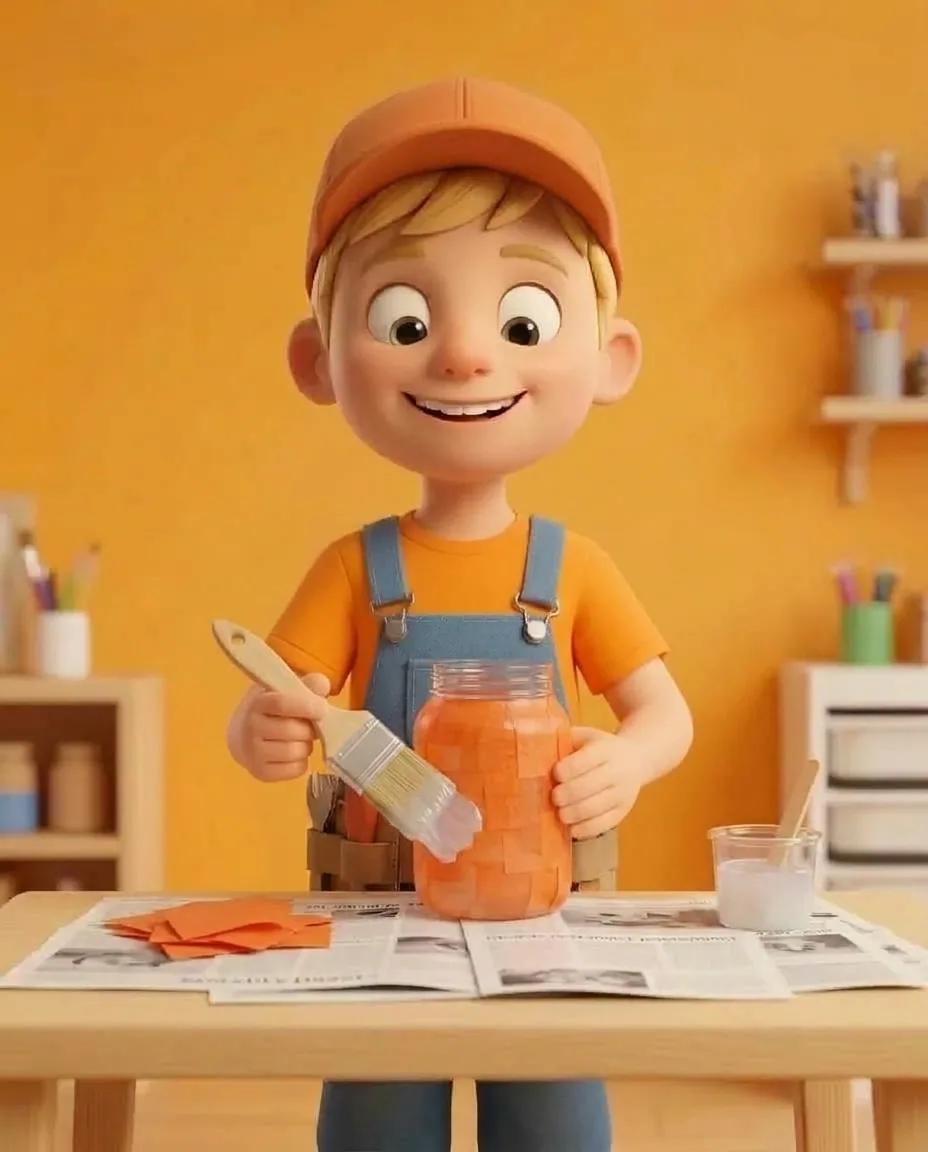 Captain A brushes glue over the remaining orange tissue paper squares until the entire outer glass surface of the jar is completely covered in a…