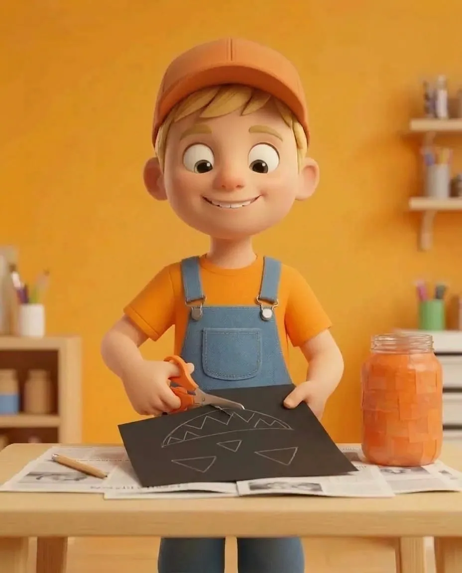 Captain A uses a pencil to draw two triangle eyes, one nose, and one zigzag grin outline onto a sheet of black paper on the table.