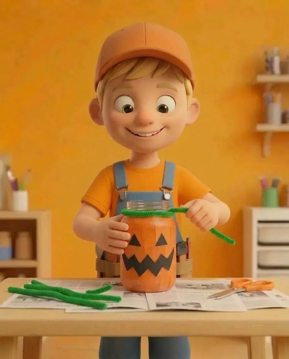 Captain A wraps one green pipe cleaner around the clear glass neck of the jar, positioned just below the clear top rim.