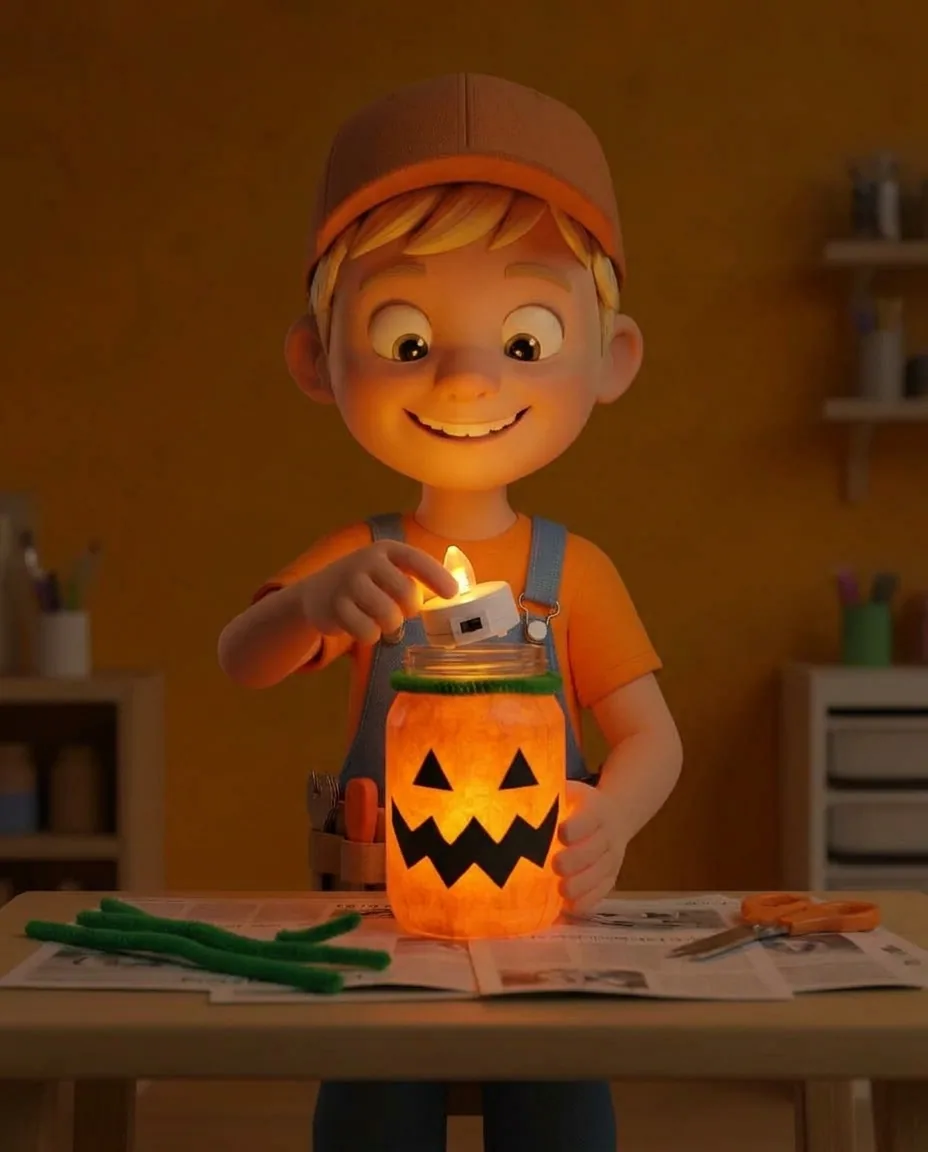 Captain A switches on a small LED tea light and lowers it inside through the top opening to rest at the bottom of the jar.