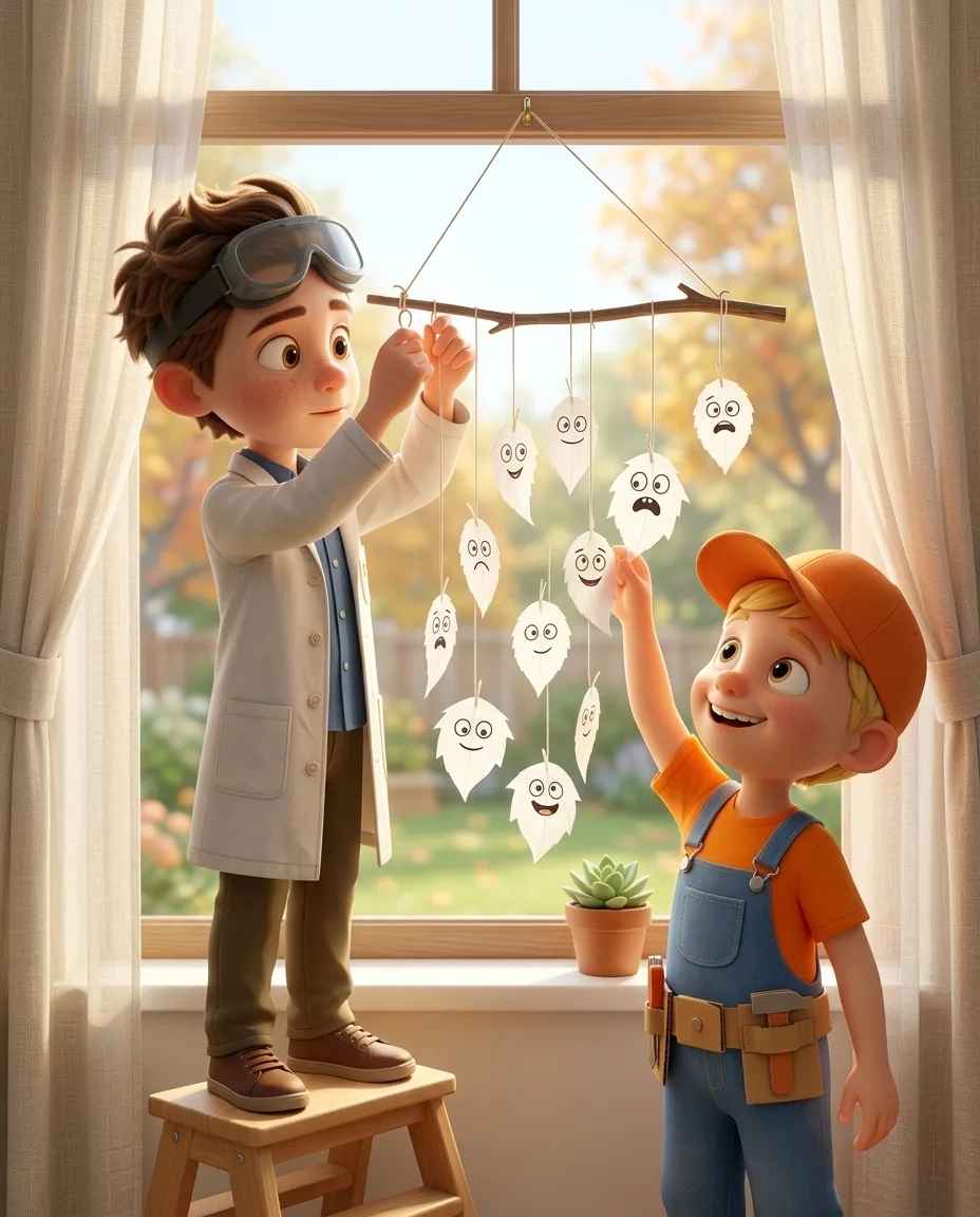 Professor O and Captain A hang the wooden twig from a window frame using attached hanging loops.