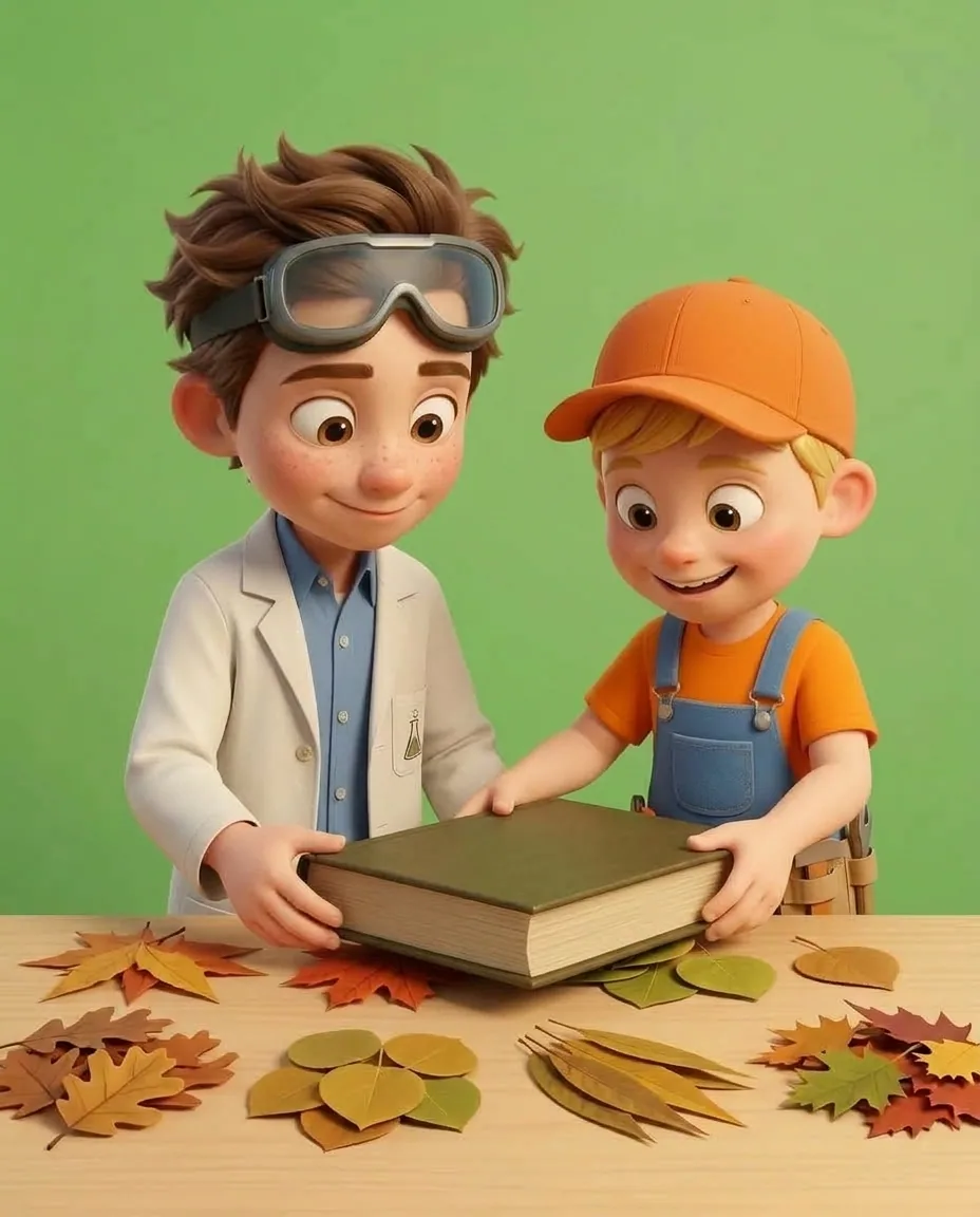 Captain A carefully places a thick, heavy hardcover book onto the sorted piles of leaves to press them flat.
