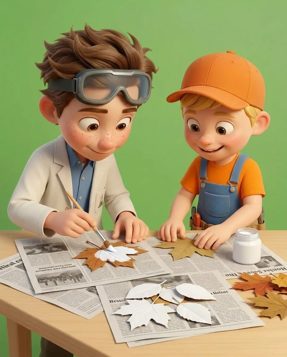 Sheets of newspaper are spread across the table surface, and Professor O uses a paintbrush to paint one side of a flattened leaf bright white.