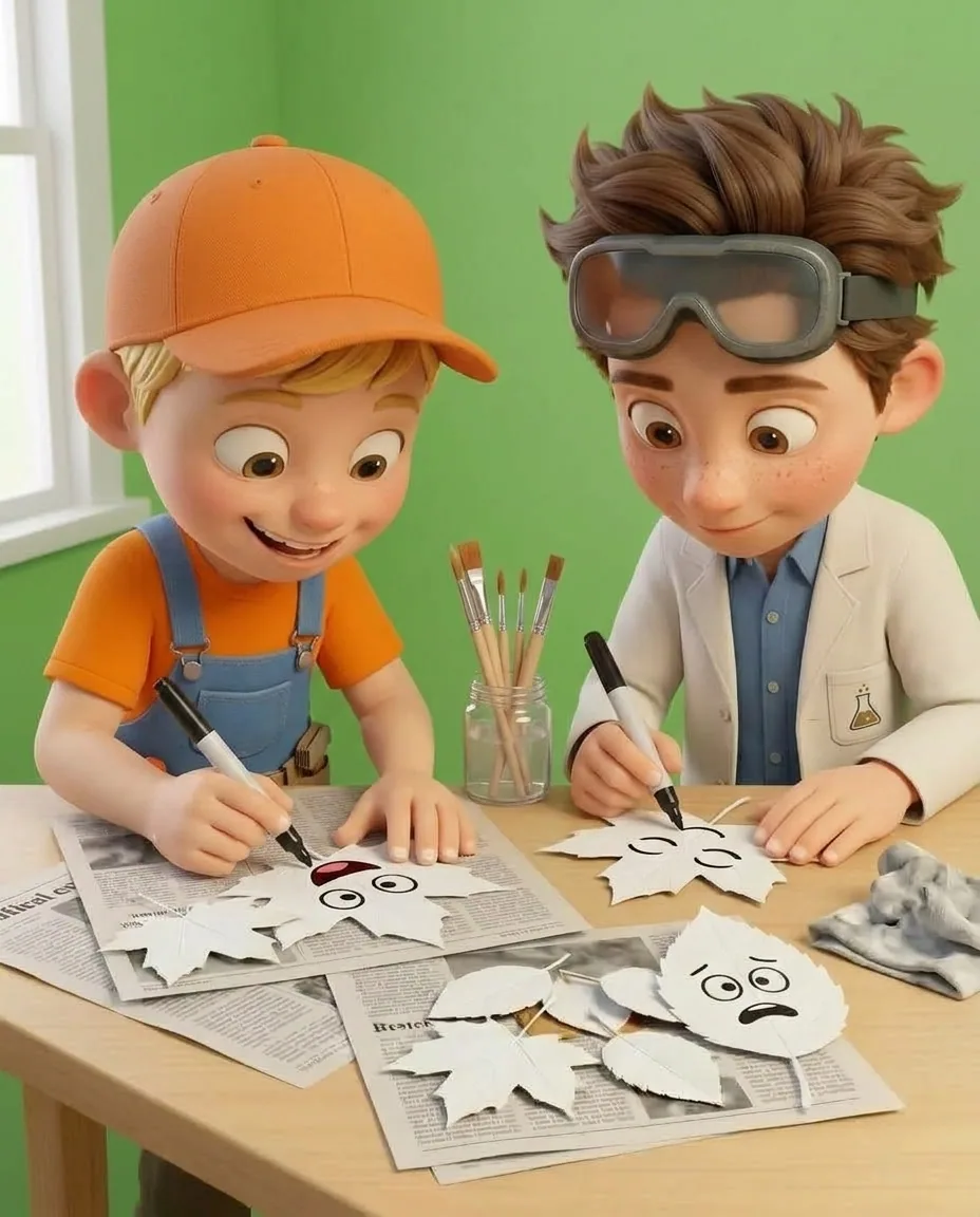 Captain A uses a black marker to draw two round eyes and an open mouth onto a white leaf, creating a silly expression.