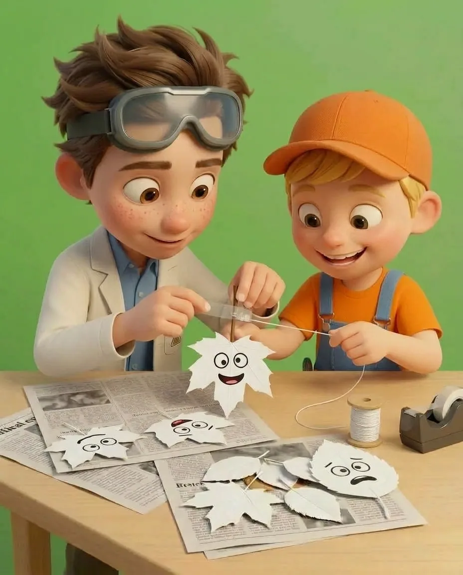 Professor O places a short strip of clear tape over a thin thread, securing it to the stalk of a white leaf ghost.