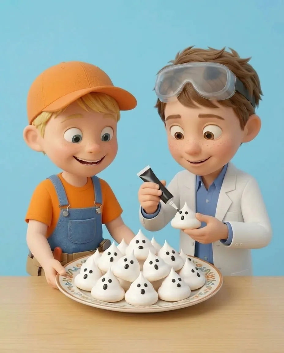 Professor O uses a small tube of black writing icing to carefully squeeze two tiny round eye dots and an oval mouth onto the front face of a cooled…