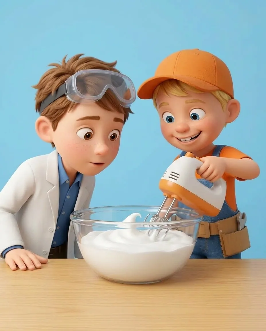 Professor O watches closely as Captain A uses an electric hand mixer inside the glass bowl to beat the liquid egg whites.