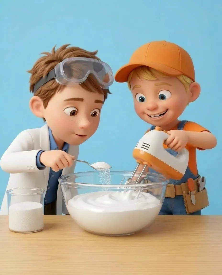 Professor O carefully adds granulated white sugar one tablespoon at a time into the glass bowl using a silver spoon.