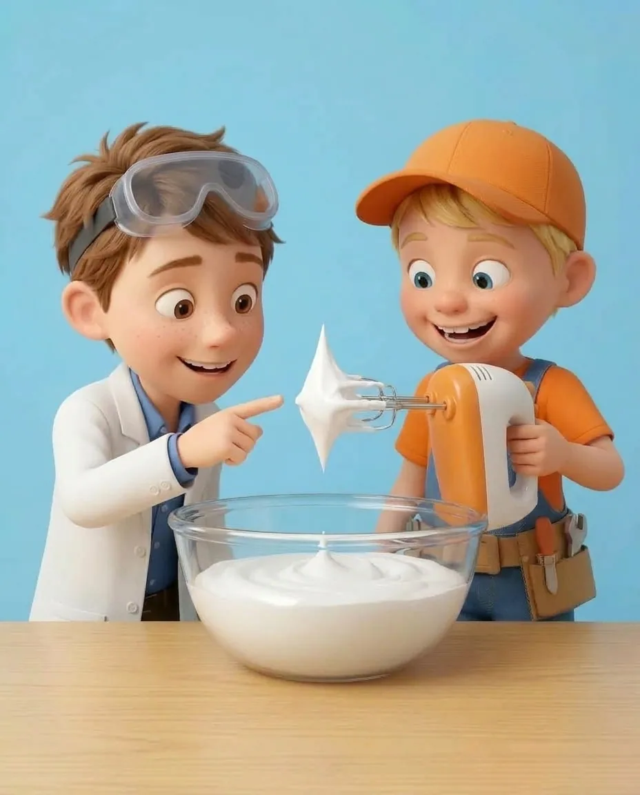 Captain A lifts the whisk vertically out of the thick white meringue in the glass bowl, showing a stiff, sharp peak standing straight up without…