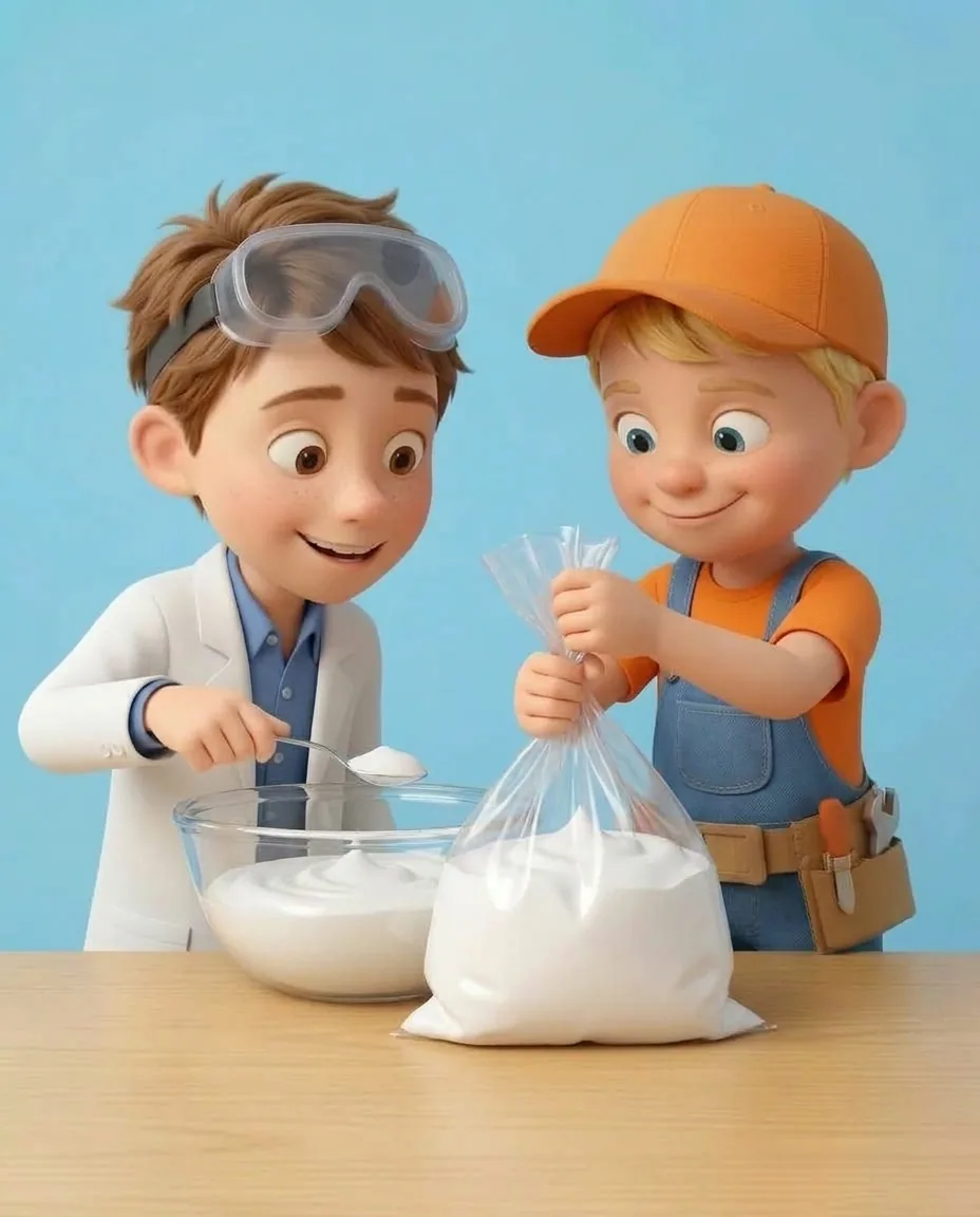 Professor O uses a spoon to scoop the glossy white meringue mixture into a clear piping bag held open by Captain A.