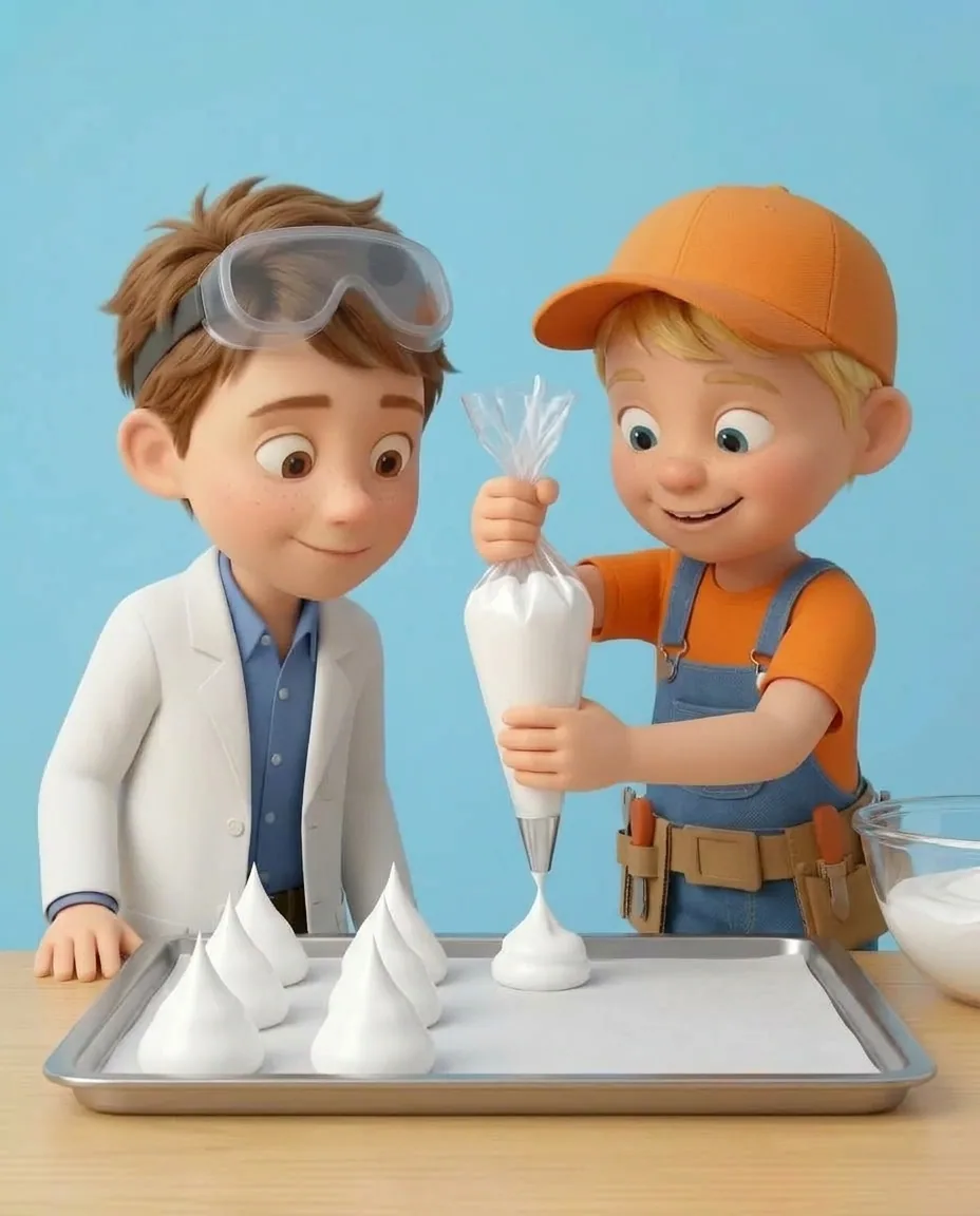 Captain A holds the twisted piping bag vertically above a baking tray lined with white parchment paper, squeezing out a round white mound and pulling…