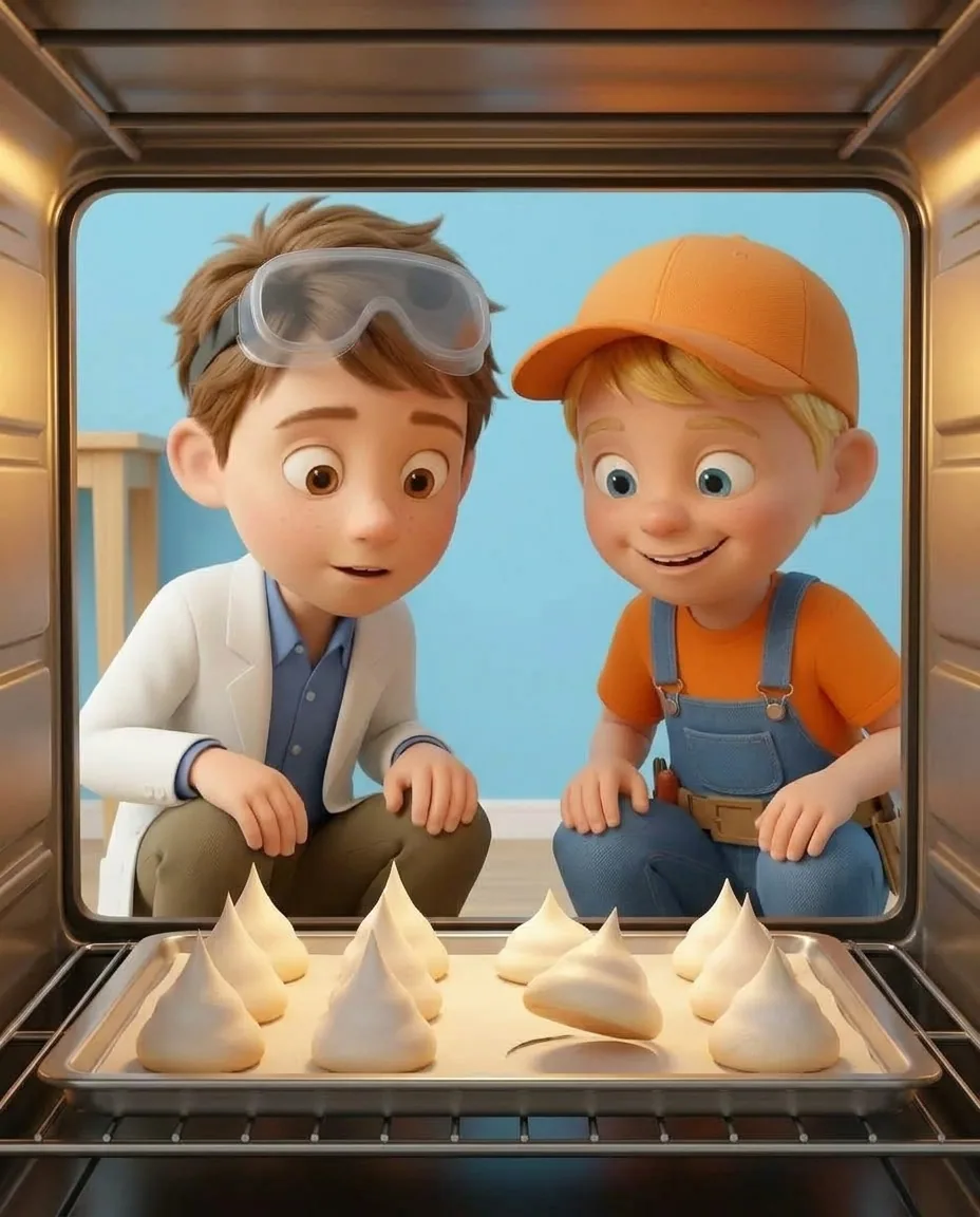 Professor O and Captain A carefully observe the baking tray inside the warm oven, where the white meringue ghosts are set on parchment paper.