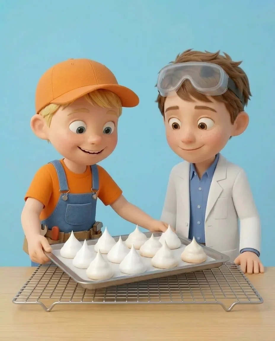 Captain A rests the baking tray filled with the baked, crisp white meringue ghosts onto a metal wire rack on the table.