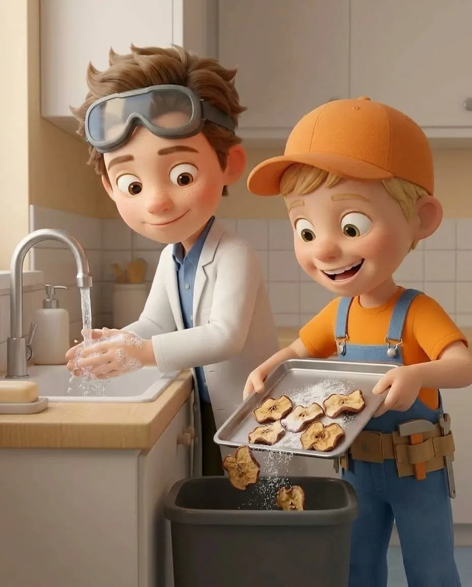 Captain A empties the shriveled apple slices and leftover powder mixture into a dark grey waste bin.