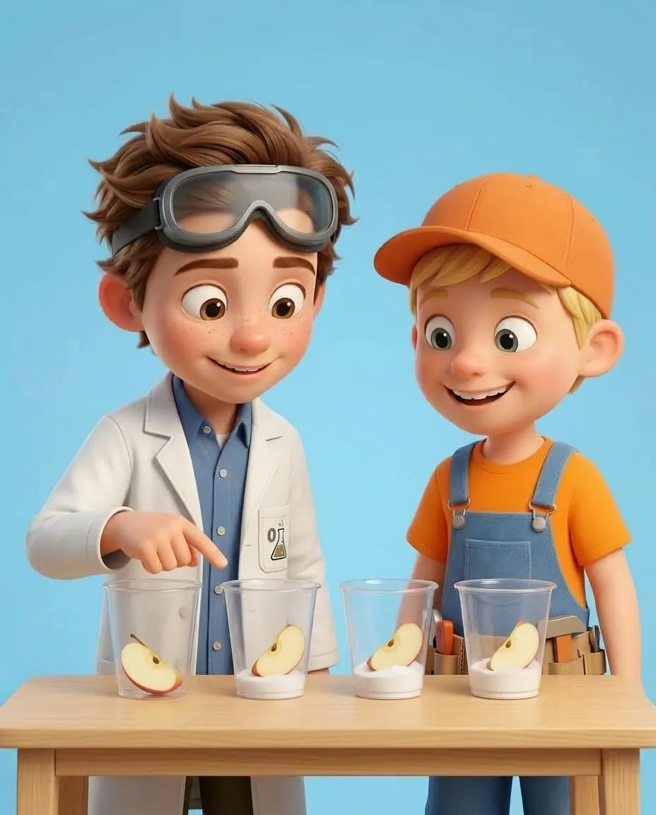 Professor O points to the first cup labeled 'Nothing', which holds only the single fresh apple slice without any powder added.