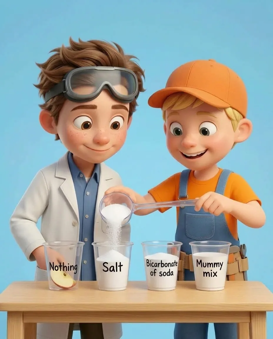 Captain A uses a measuring tablespoon to pour three full tablespoons of fine white salt into the second cup labeled 'Salt'.