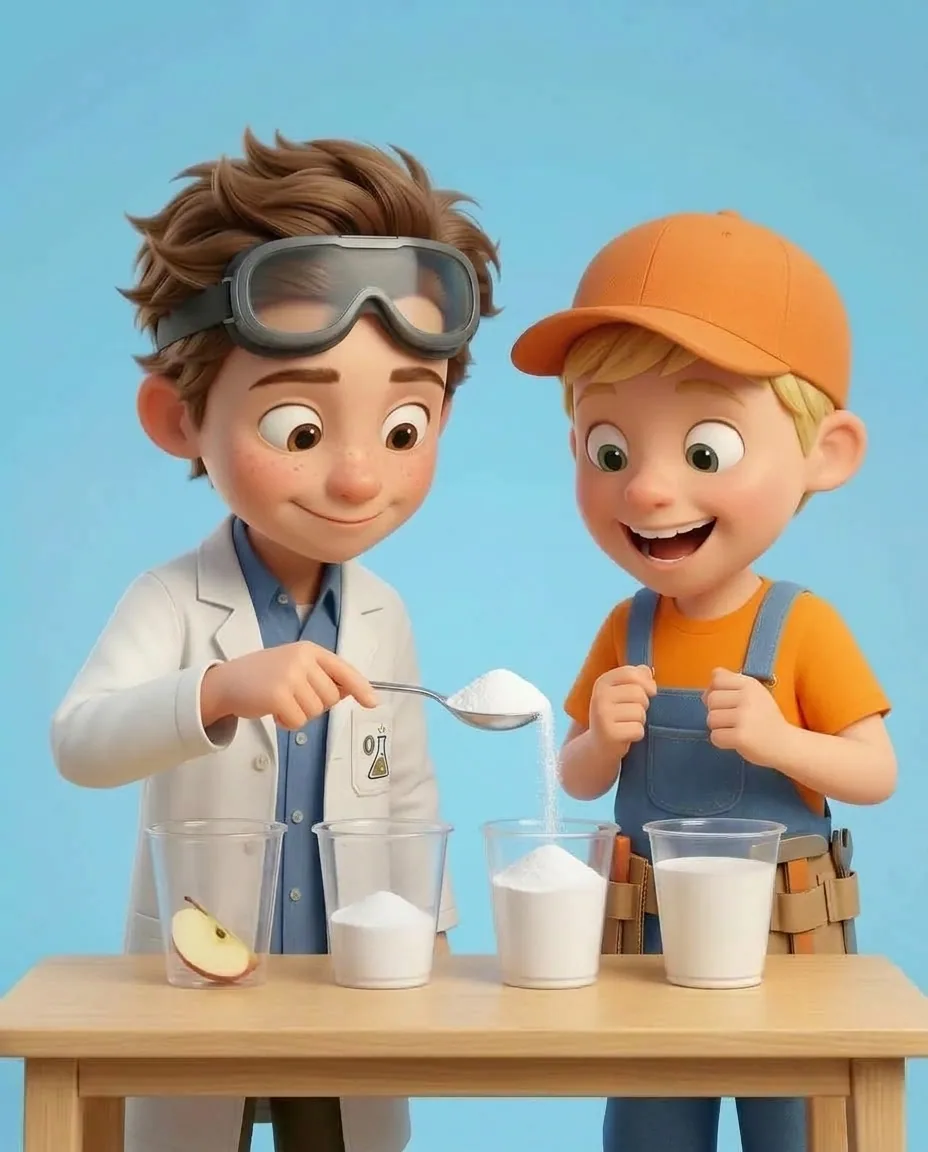 Professor O holds a tablespoon filled with fine white bicarbonate of soda over the third cup labeled 'Bicarbonate of soda'.