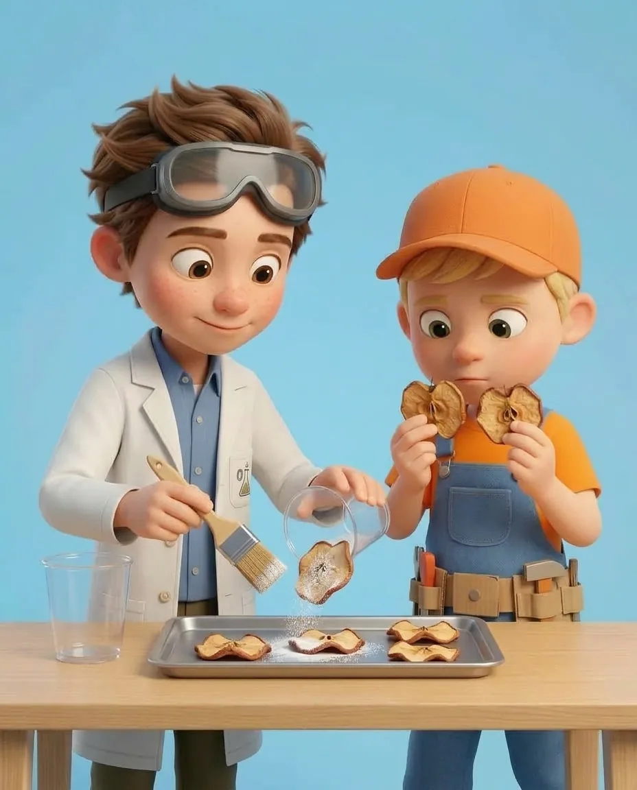 Professor O gently tips each apple slice out of its cup onto a clean tray and brushes off the remaining white powder with a soft pastry brush.