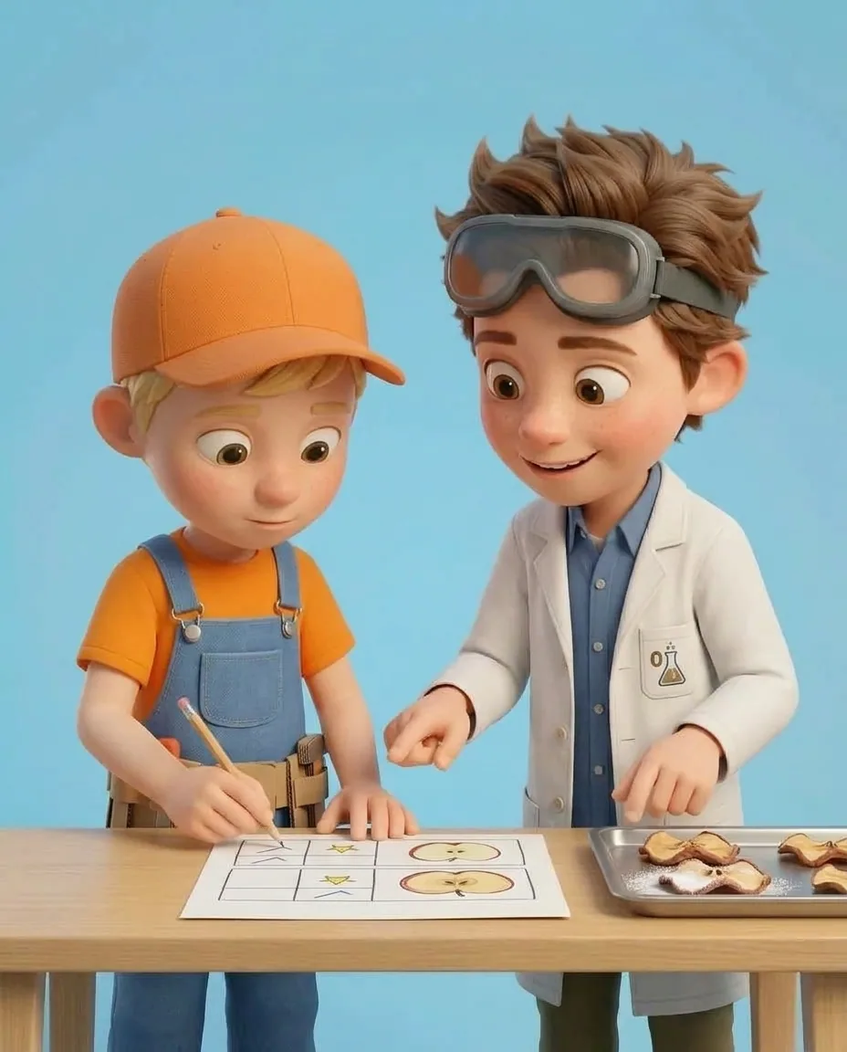 Captain A writes down final observations and checkmarks on the chart paper beside the drawings of each apple slice.