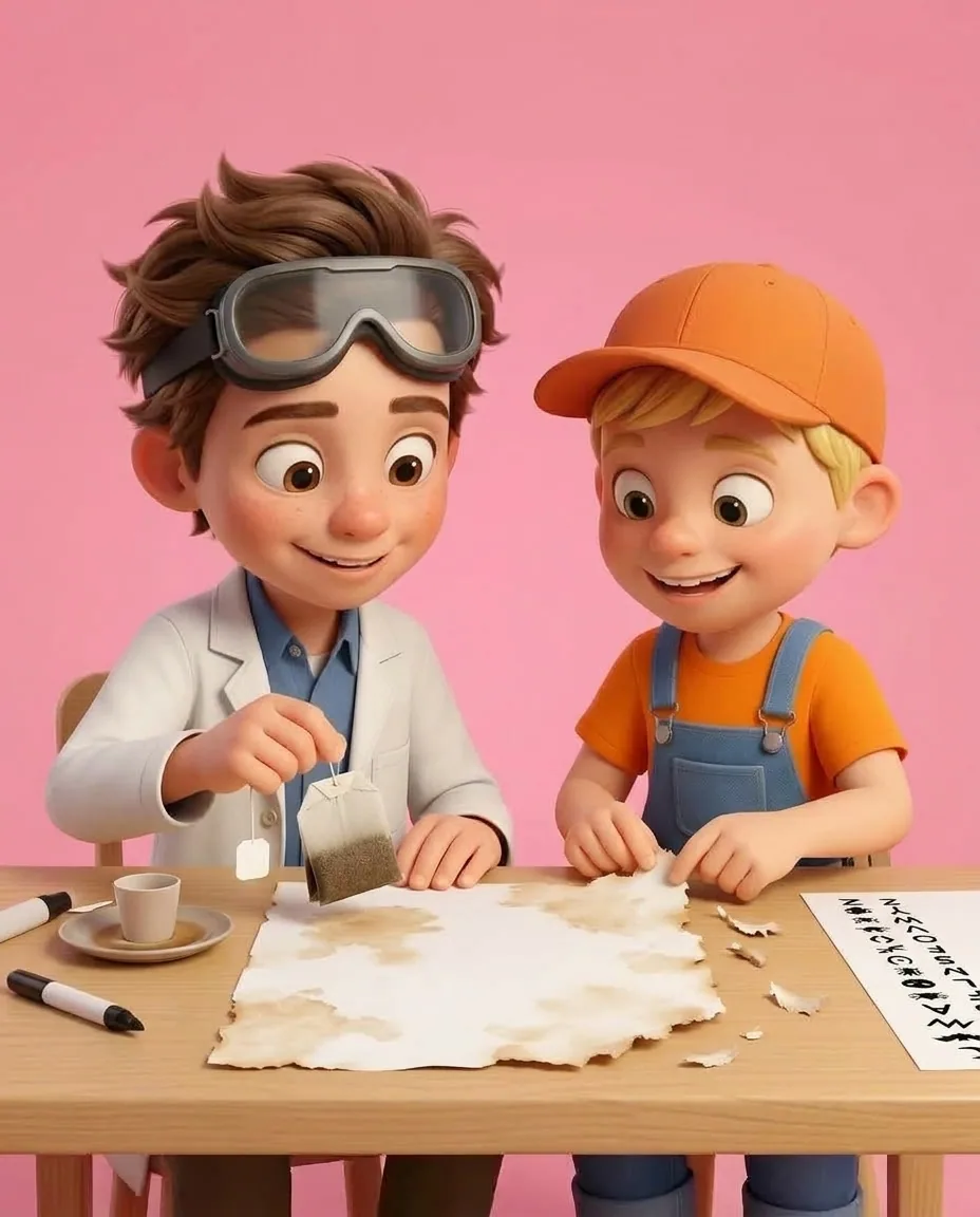 Professor O dabs a cold, damp tea bag all over a second plain white sheet of paper, leaving brown aged stains across the surface.