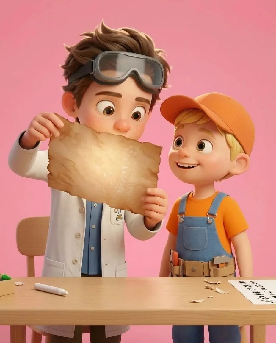Professor O holds the brown scroll up with both hands toward the light, tilting it to check that the wax marks are barely visible.