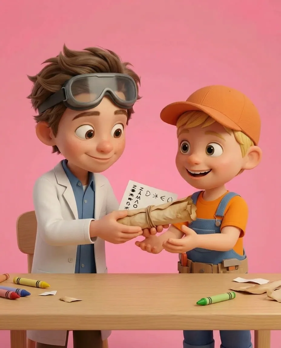 Professor O hands both the aged scroll and the written code key sheet over to Captain A.